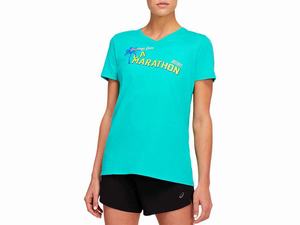 Koszulki Damskie Asics La Marathon V-neck Niebieskie | 12086-ZEKJ