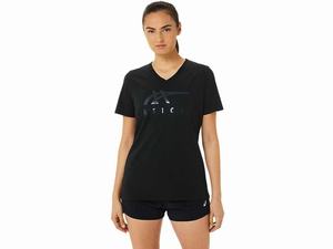 Koszulki Damskie Asics Stripes V-neck Czarne | 54072-FGHJ