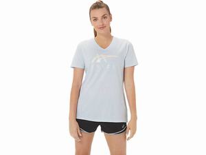 Koszulki Damskie Asics Stripes V-neck Niebieskie | 35716-GAMO