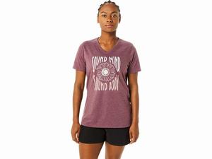 Koszulki Damskie Asics Sunflower Slogan V-neck Ciemny Czerwone | 38576-XGMQ