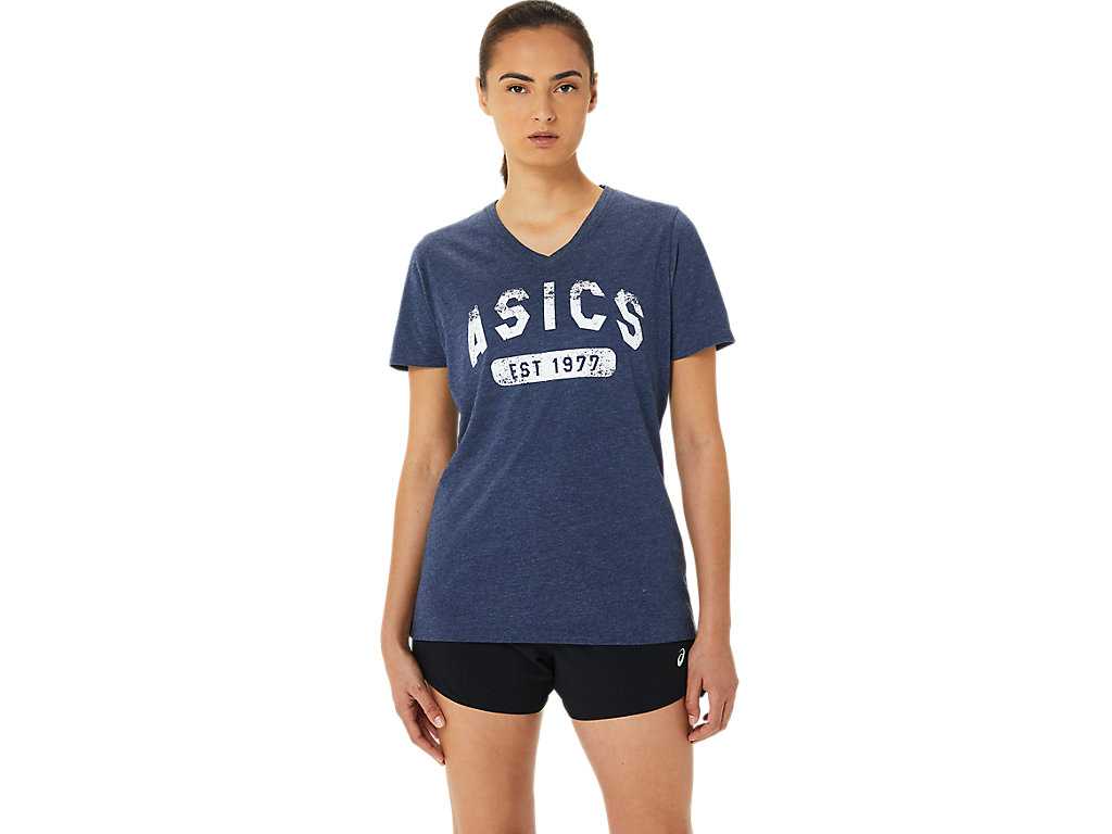 Koszulki Damskie Asics Est 1977 V-neck Granatowe | 81403-APJC