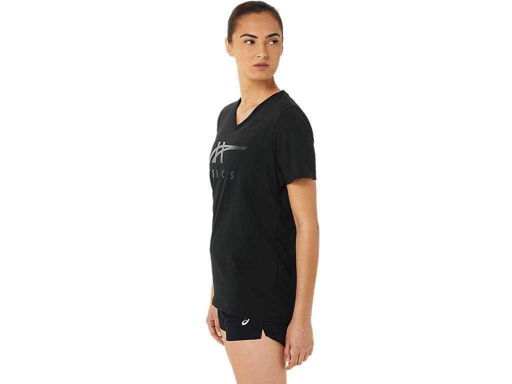 Koszulki Damskie Asics Stripes V-neck Czarne | 54072-FGHJ