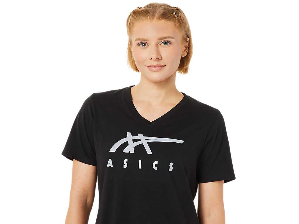 Koszulki Damskie Asics Stripes V-neck Czarne | 83471-NVZJ