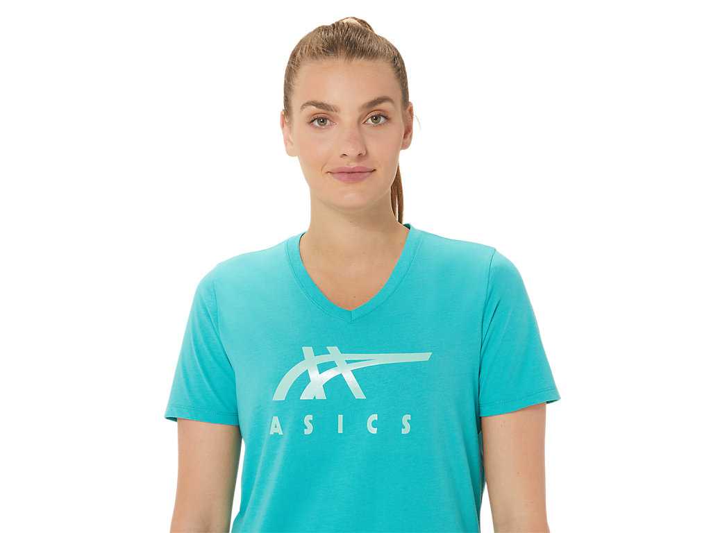 Koszulki Damskie Asics Stripes V-neck Niebieskie | 94135-YQDW