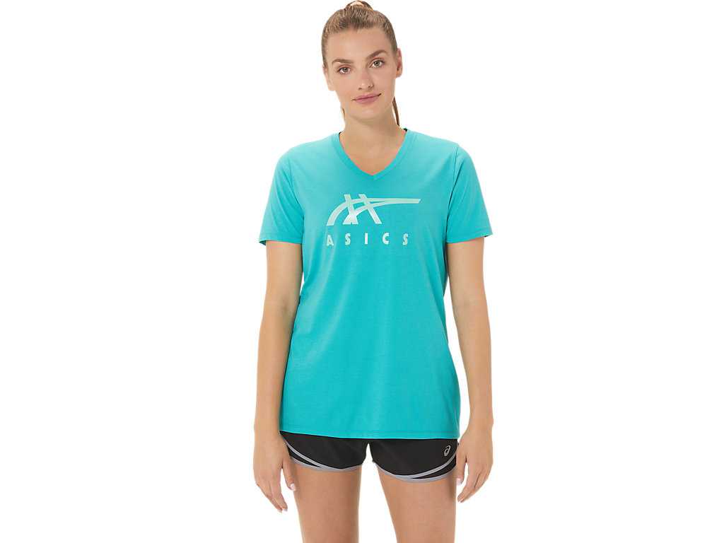 Koszulki Damskie Asics Stripes V-neck Niebieskie | 94135-YQDW