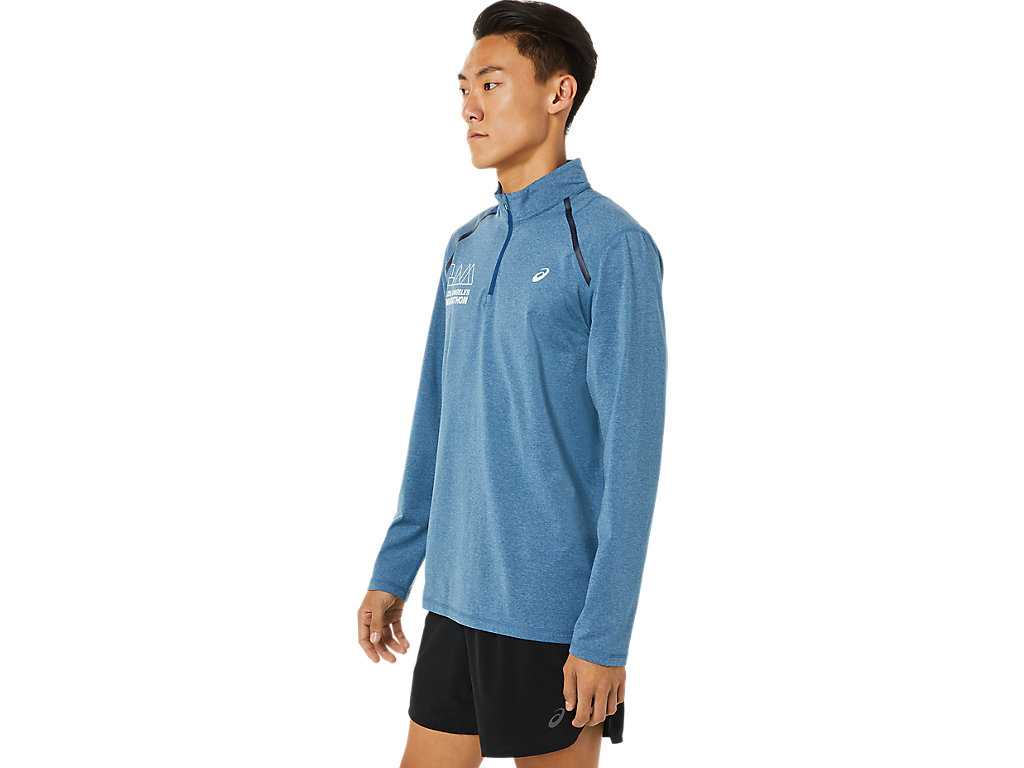 Koszulki Męskie Asics Lam Thermopolis Half Zip Niebieskie | 49631-QDKI