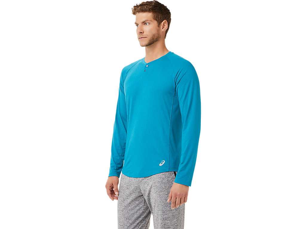 Koszulki Męskie Asics Performance Henley Turkusowe Niebieskie | 72830-YMBL